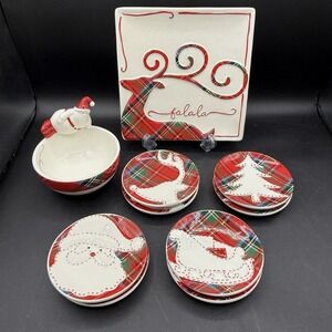 Mud Pie Tartan Reindeer Fa La La Cheese/Appetizer Plate 8"‎ & Santa Dip Bowl Set